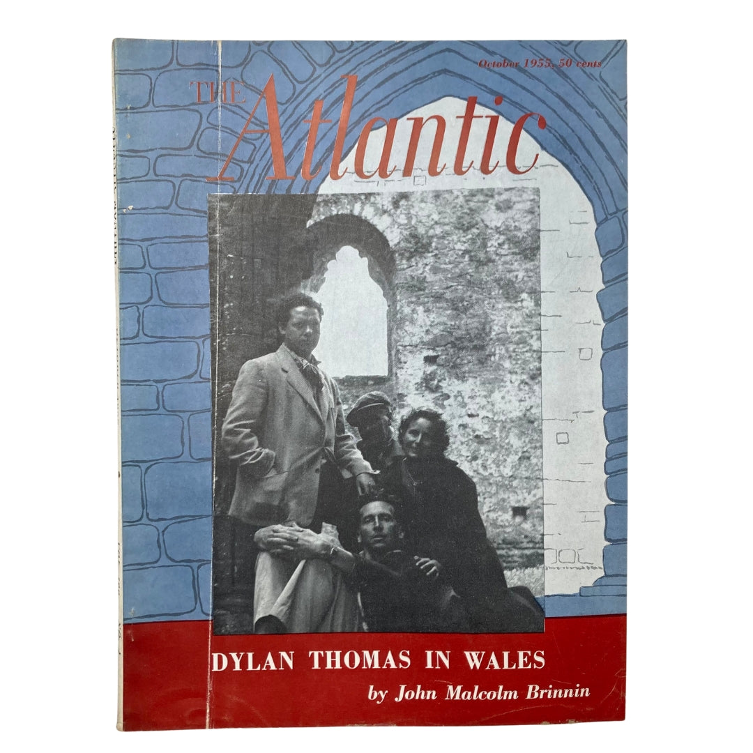 Cover of VTG The Atlantic Magazine October 1955 featuring Dylan Thomas in Wales, showcasing a vintage design with a blue and red color scheme.