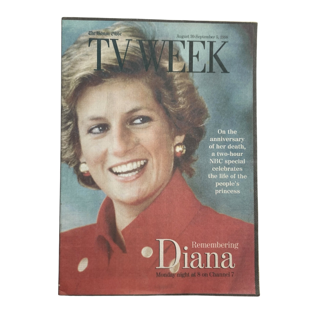 The Boston Globe TV Week Magazine cover from August 30, 1998, titled 'Remembering Diana', featuring a smiling Princess Diana.