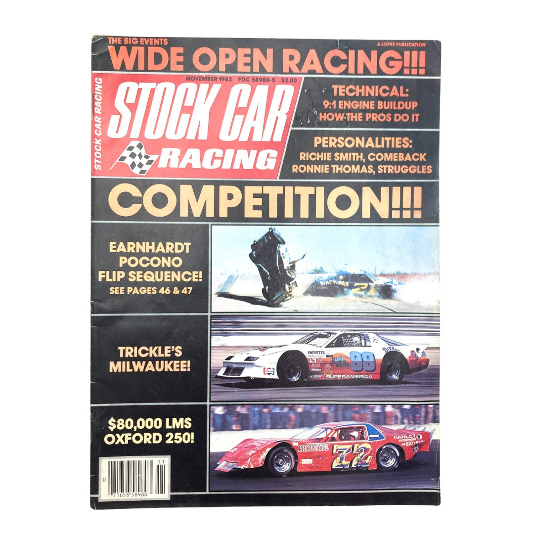 Cover of VTG Stock Car Racing Magazine November 1982 featuring Dale Earnhardt and Pocono race highlights, showcasing thrilling stock car racing excitement.