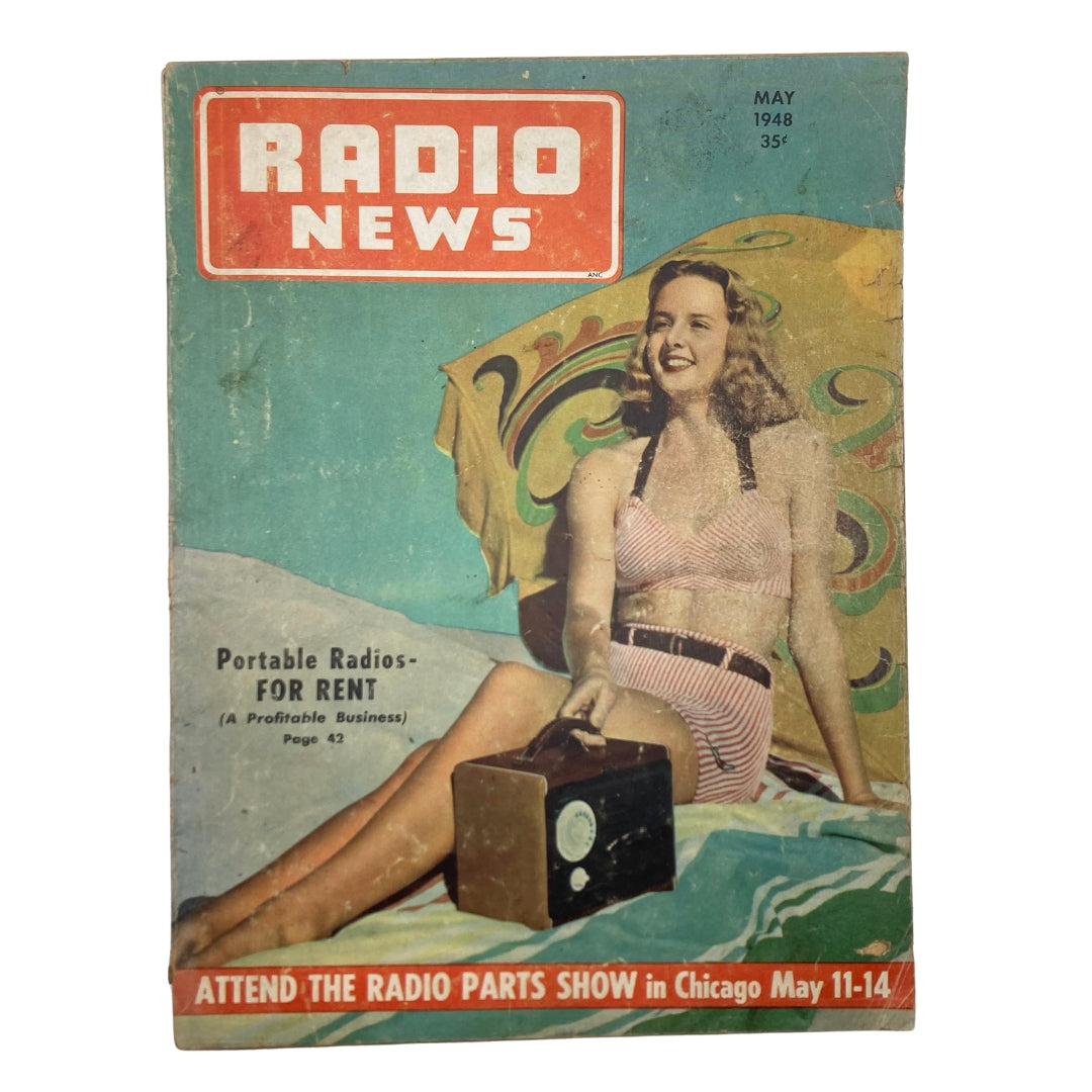 VTG Radio News Magazine May 1948 cover featuring a smiling woman in a swimsuit, showcasing the theme 'Portable Radios for Rent'.