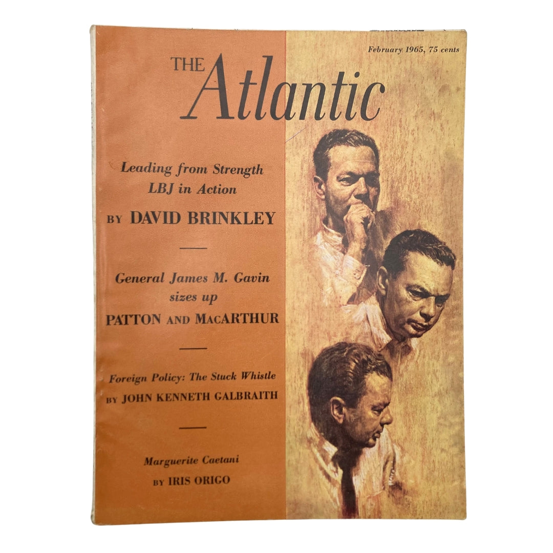 Cover of VTG The Atlantic Magazine February 1965 featuring Lyndon B. Johnson in Action with an illustration by David Brinkley.