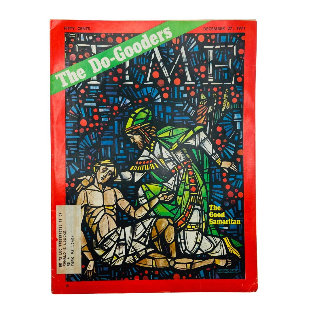 VTG Time Magazine December 27 1971 featuring The Good Samaritan cover art showcasing a stained glass design of the iconic biblical parable.