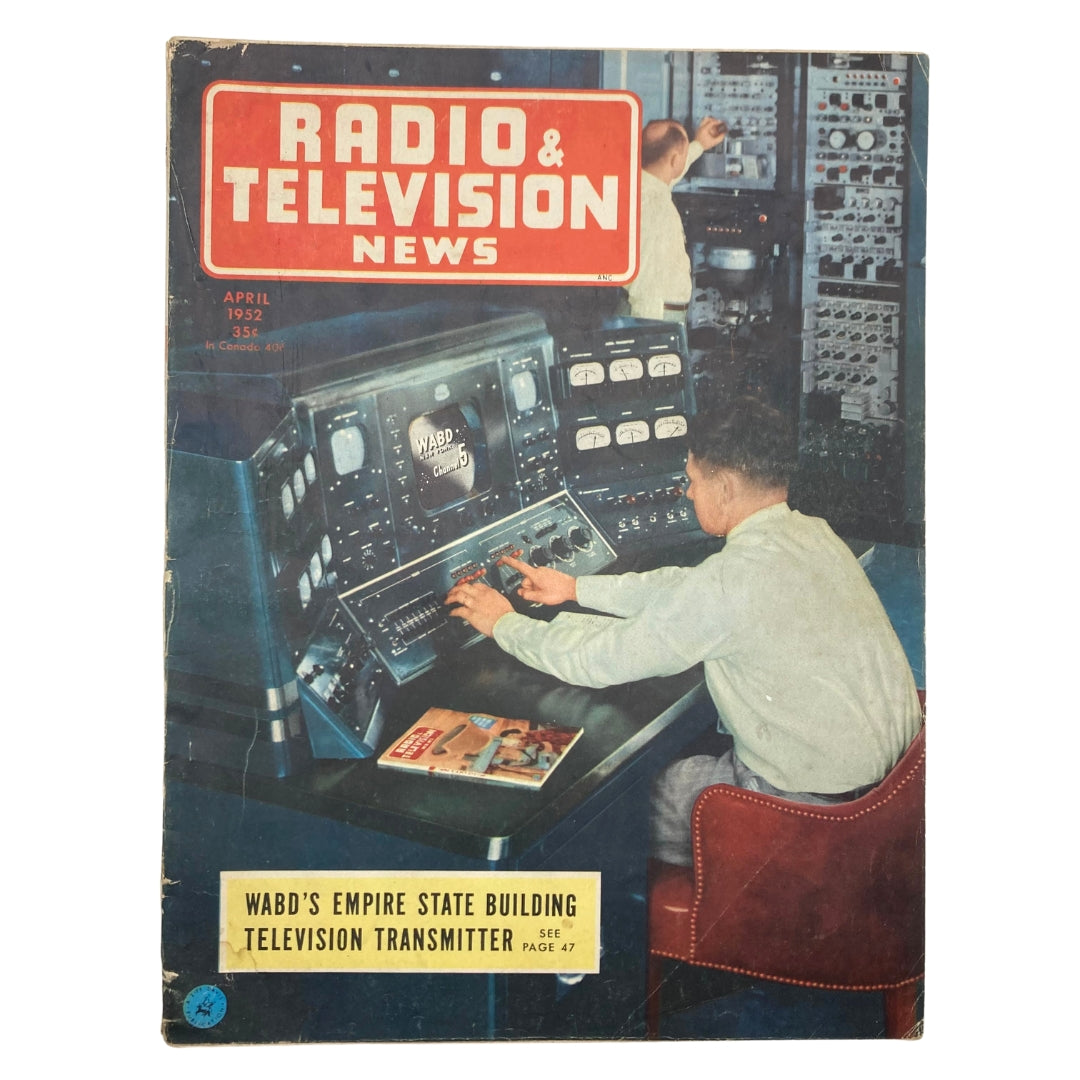 Cover of VTG Radio & Television News Magazine from April 1952, featuring a television transmitter and broadcasting technology, highlighting a pivotal time in broadcast history.