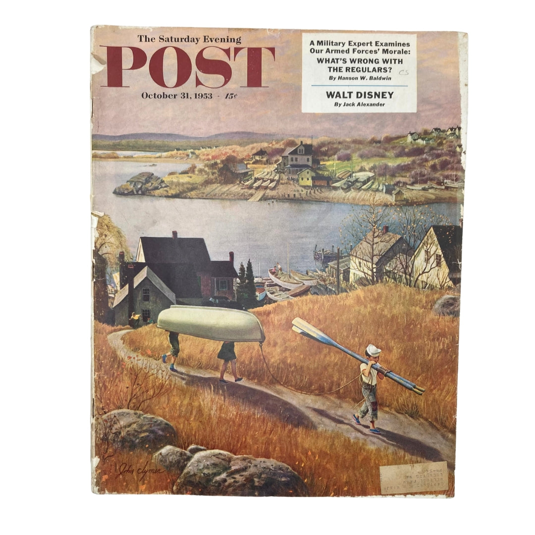 Cover of Saturday Evening Post Magazine from October 31, 1953 featuring 'Turquoise Waters' artwork by John Clymer, showing a serene landscape with a boy and a girl carrying a canoe along a picturesque path.