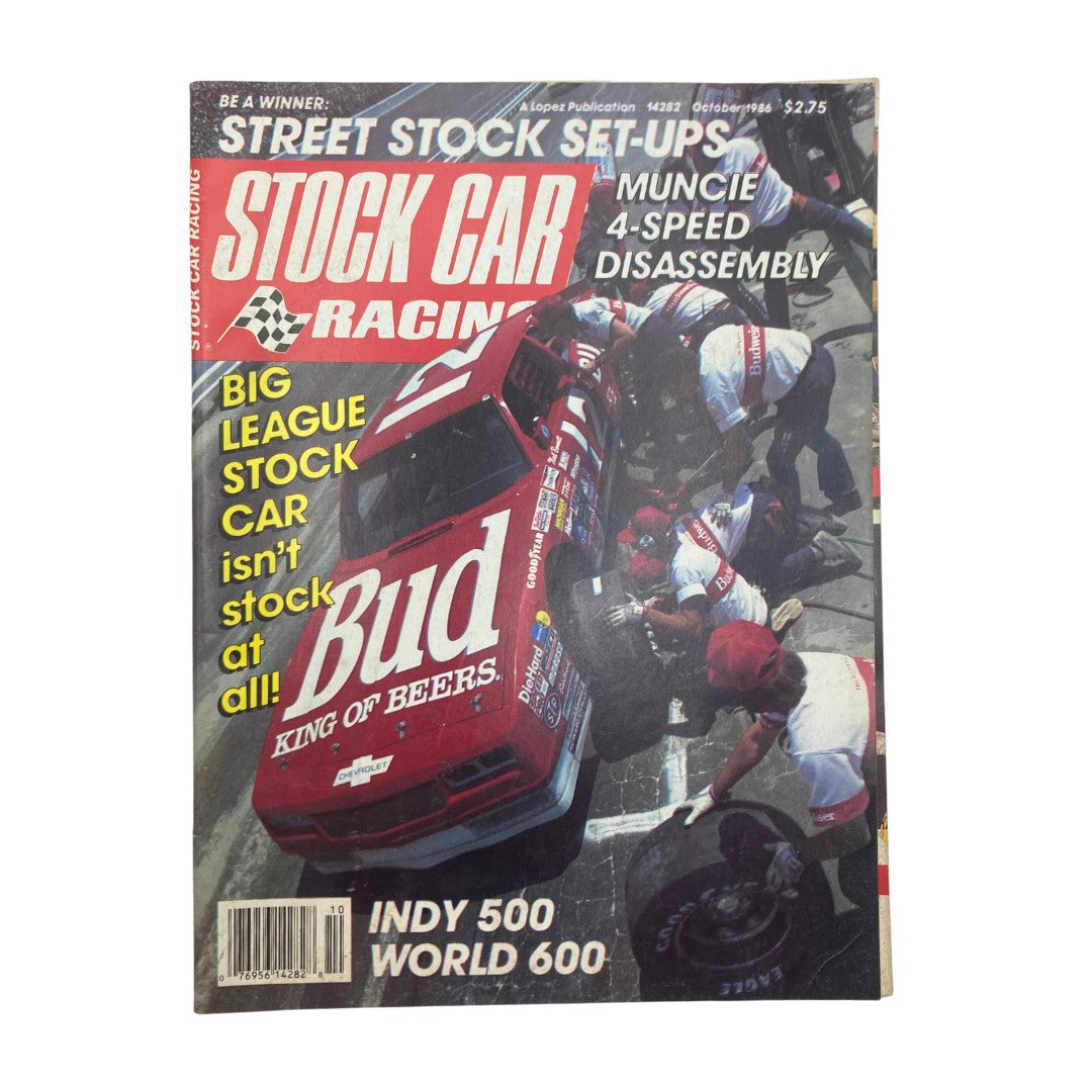 VTG Stock Car Racing Magazine October 1986 cover featuring a stock car pit stop scene with team members working on a red car, highlighting the Indy 500 and World 600 events.