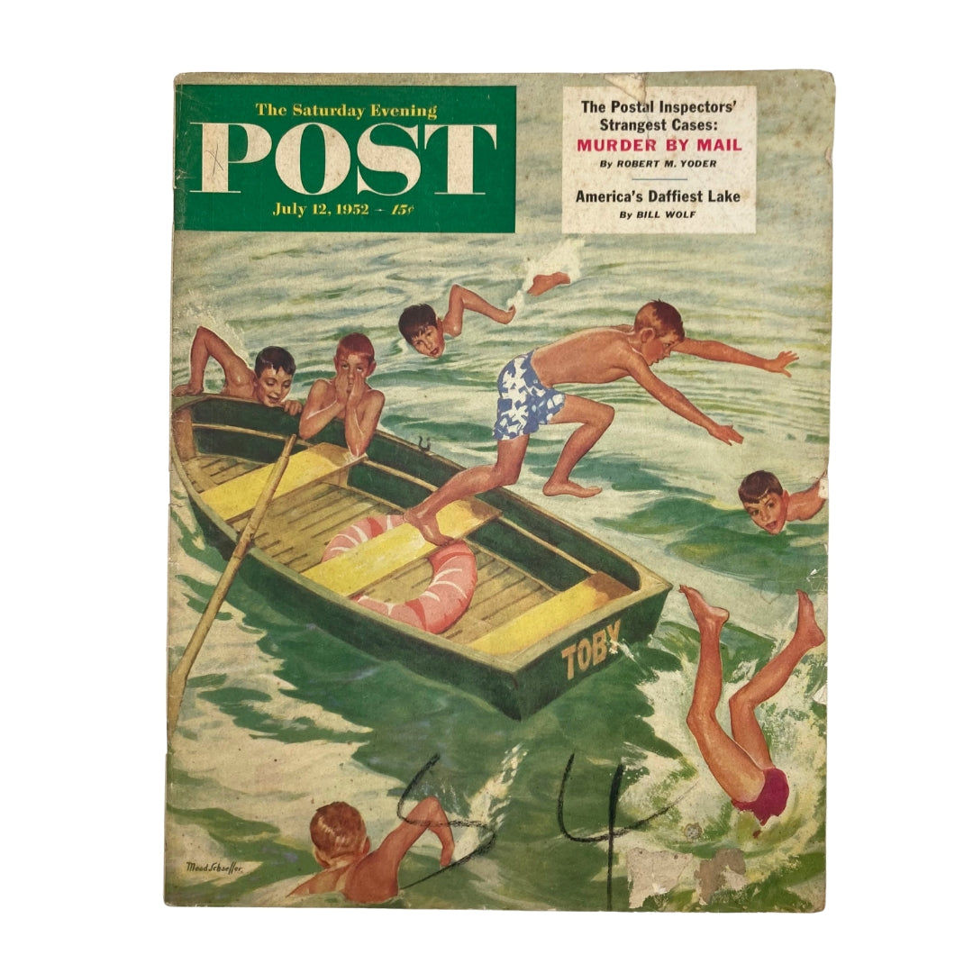 Cover of Saturday Evening Post Magazine July 12 1952 featuring the illustration 'Waterwings' by Mead Schaeffer, depicting children playing in a lake.