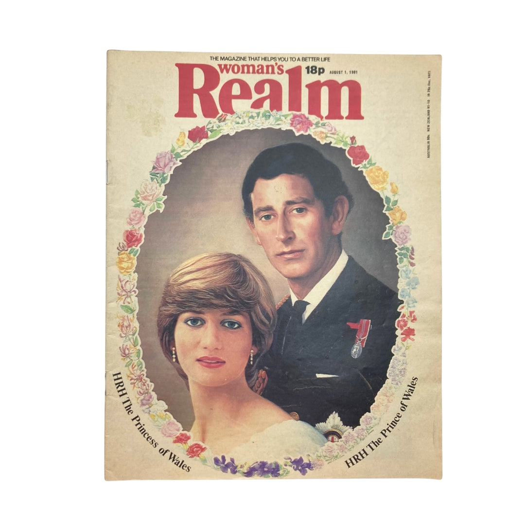 Woman's Realm Magazine August 1 1981 cover featuring Princess Diana and Prince Charles, showcasing vintage style and royal presence.
