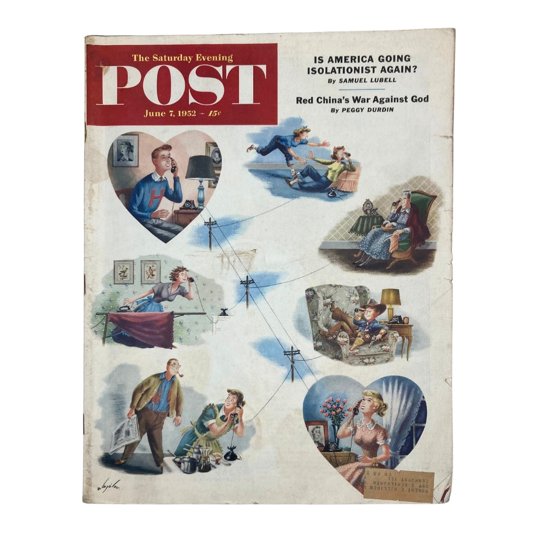 Cover of the Saturday Evening Post Magazine from June 7, 1952, featuring whimsical artwork titled 'Party-Line' by Constantine Alajalov, depicting various characters engaged in phone conversations against a nostalgic background.