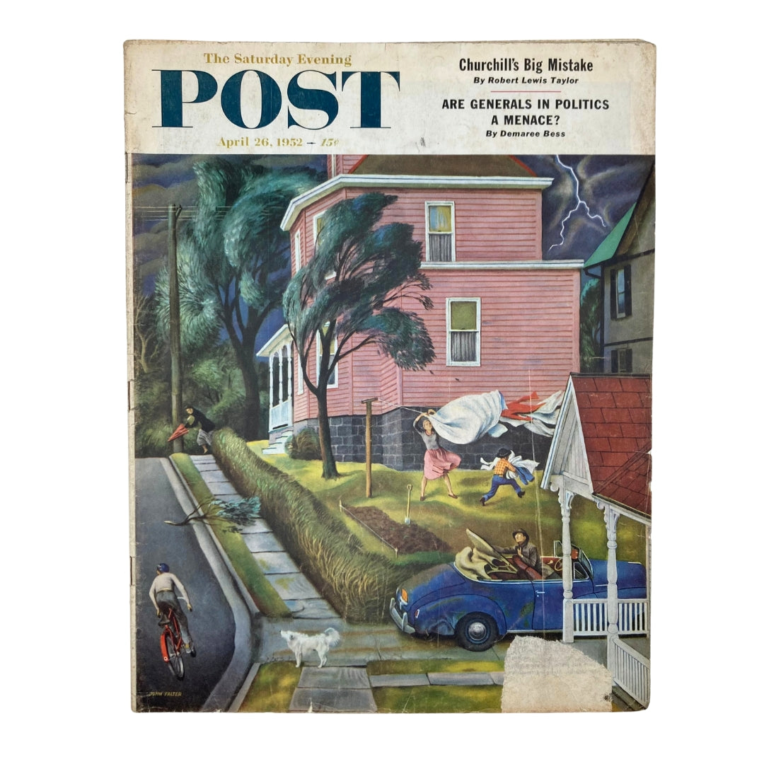 Cover of the Saturday Evening Post Magazine from April 26, 1952, featuring a colorful illustration titled 'Little Boyhood' by John Falter, depicting suburban life and childhood scenes.
