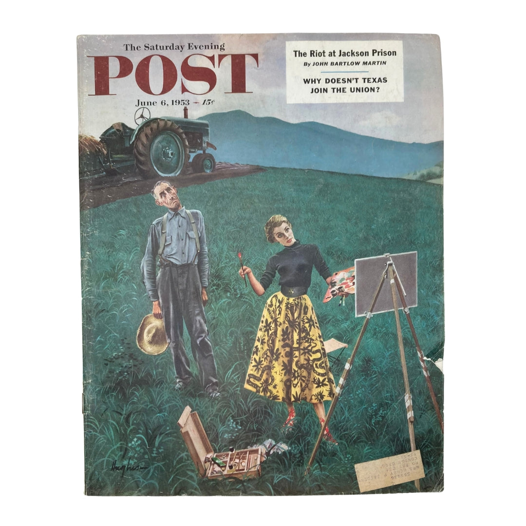 Cover of Saturday Evening Post Magazine from June 6, 1953 featuring artwork by George Hughes, depicting a farmer and a woman artist in a colorful field, encapsulating mid-20th century Americana.