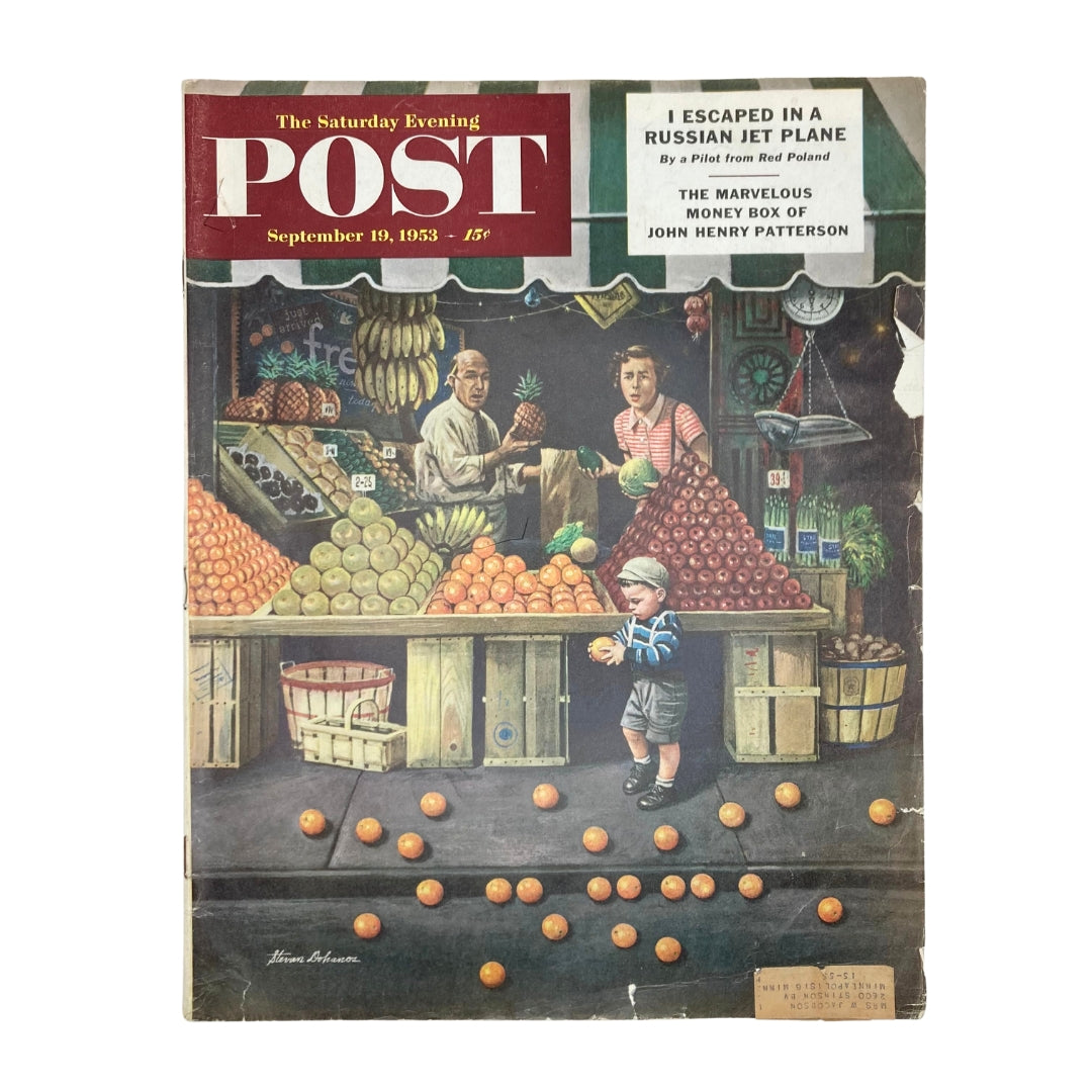 Cover of the Saturday Evening Post Magazine from September 19, 1953, featuring an illustration by Steven Dohanos depicting a vibrant fruit market with vendors and a child.