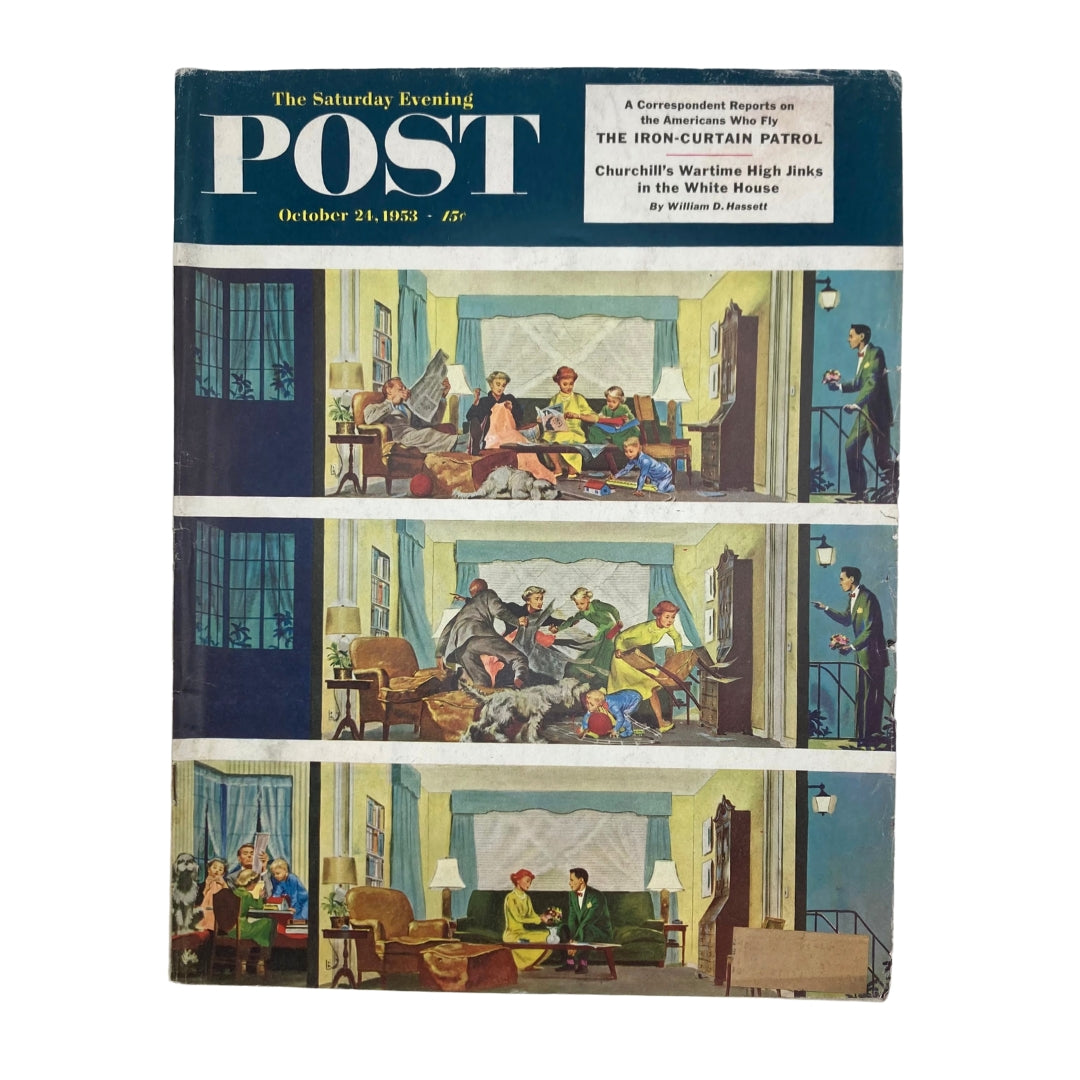 Cover of the Saturday Evening Post Magazine from October 21, 1953, featuring a vintage illustration titled 'The Living Room' by Thornton Utz, showcasing a warm mid-century American home scene.