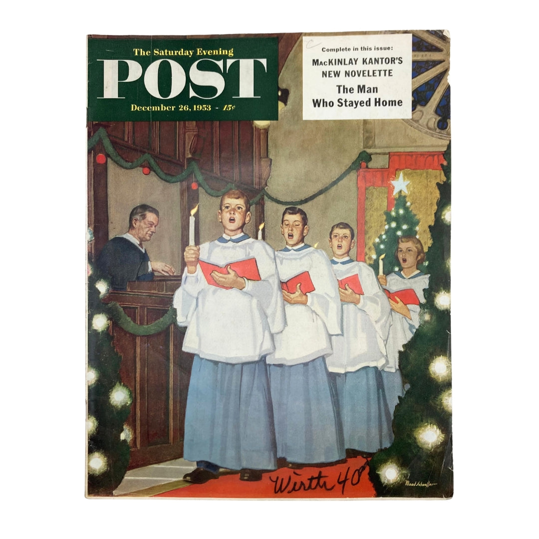 Cover of the Saturday Evening Post Magazine December 28 1953 featuring a choir performance with children holding candles and songbooks, capturing the nostalgic essence of Christmas.
