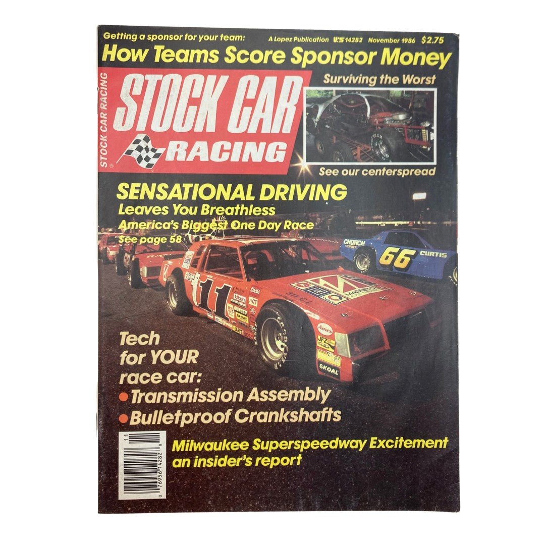 Cover of Stock Car Racing magazine, November 1986, featuring the Oxford 250 Car Race, highlighting sensational driving and racing insights.