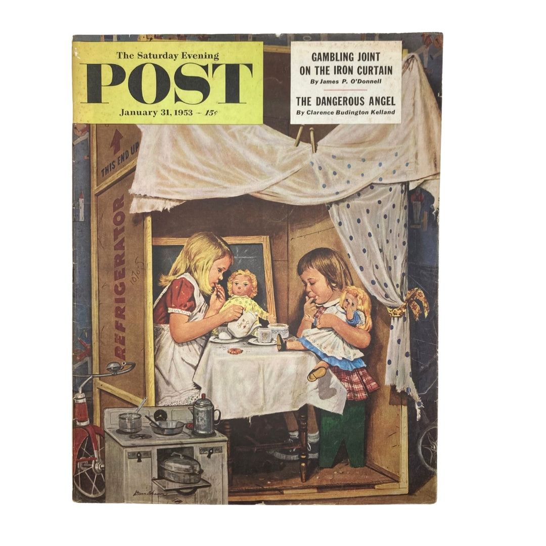 Cover of Saturday Evening Post Magazine January 31, 1953 featuring artwork 'Santa's Gifts' by Stevan Dohanos, showcasing two girls with dolls in a playful domestic scene.