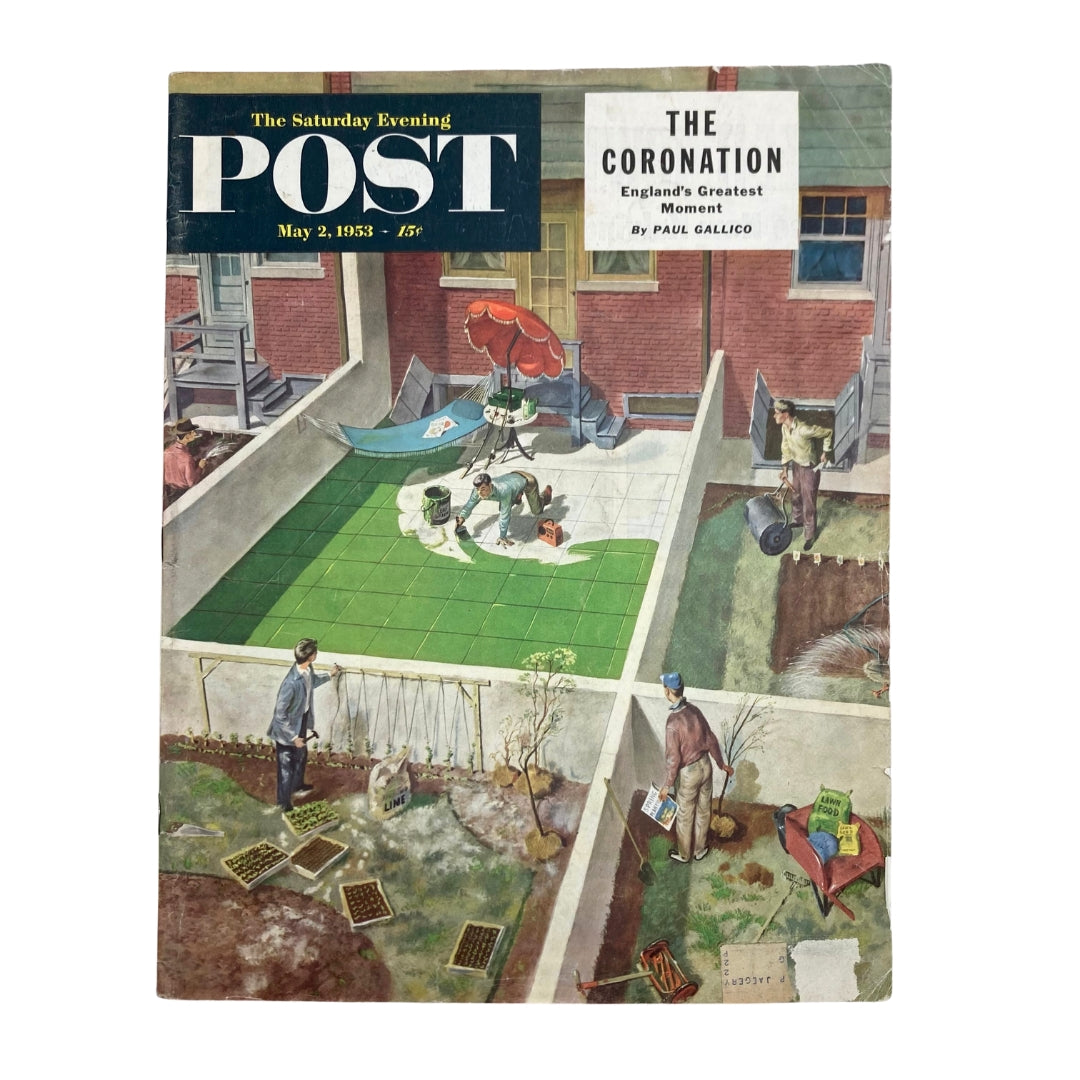 Cover of the Saturday Evening Post Magazine from May 2, 1953, featuring the illustration "Dimwitted Like a Fox" by Thornton Utz, depicting a vibrant backyard scene with gardening activities and leisure elements.