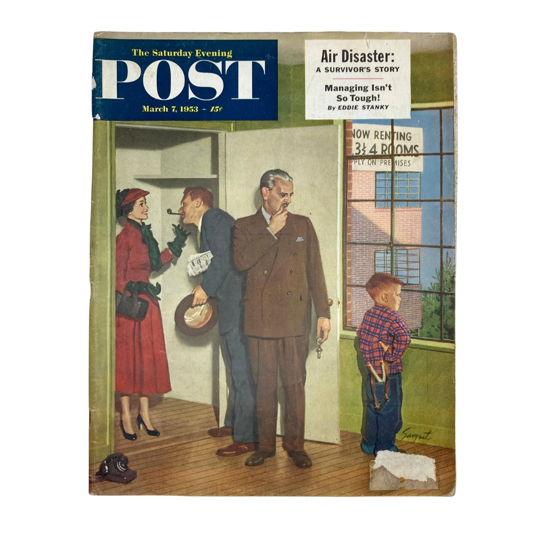Cover of the Saturday Evening Post Magazine March 7 1953 featuring the illustrated story 'Renting Chap' by Dick Sargent, showcasing a vintage scene with characters engaged in conversation.