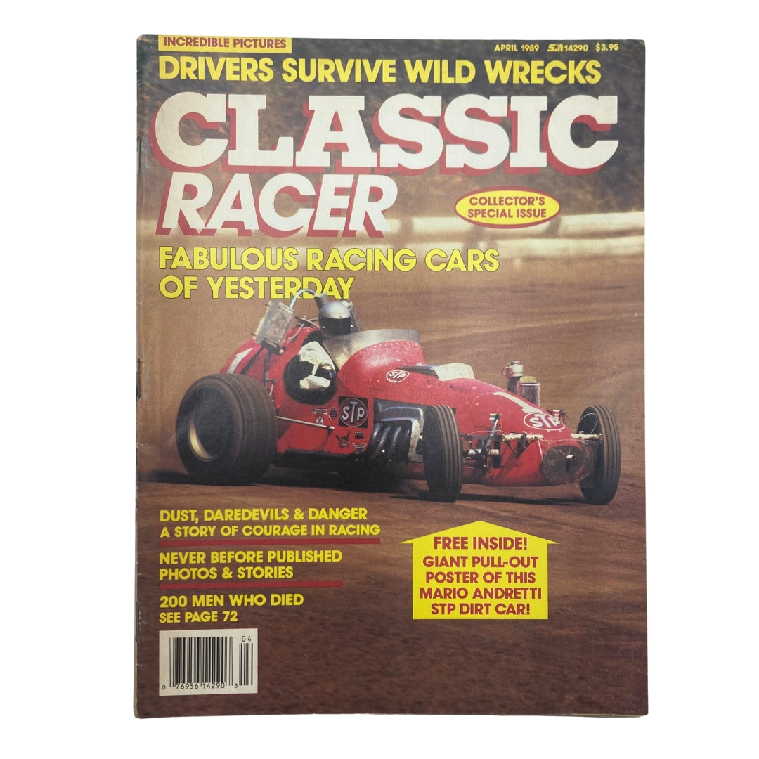 Cover of VTG Classic Racer Magazine from April 1989 featuring 'Fabulous Racing Cars of Yesterday', showcasing a classic racing car on the track.