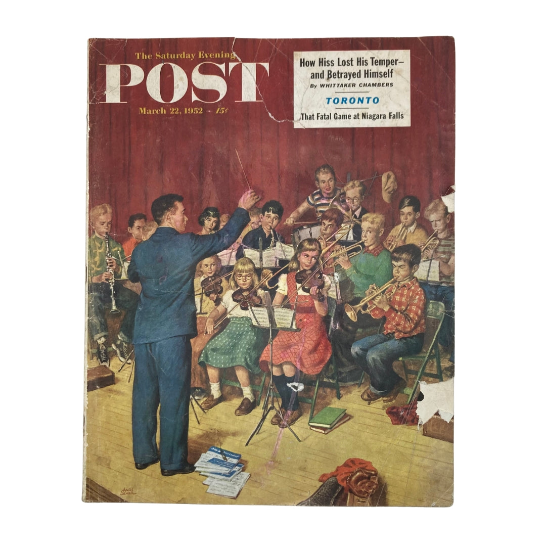 Cover of the Saturday Evening Post Magazine March 22 1952 featuring a school theatre scene with a conductor leading a group of young musicians playing various instruments.