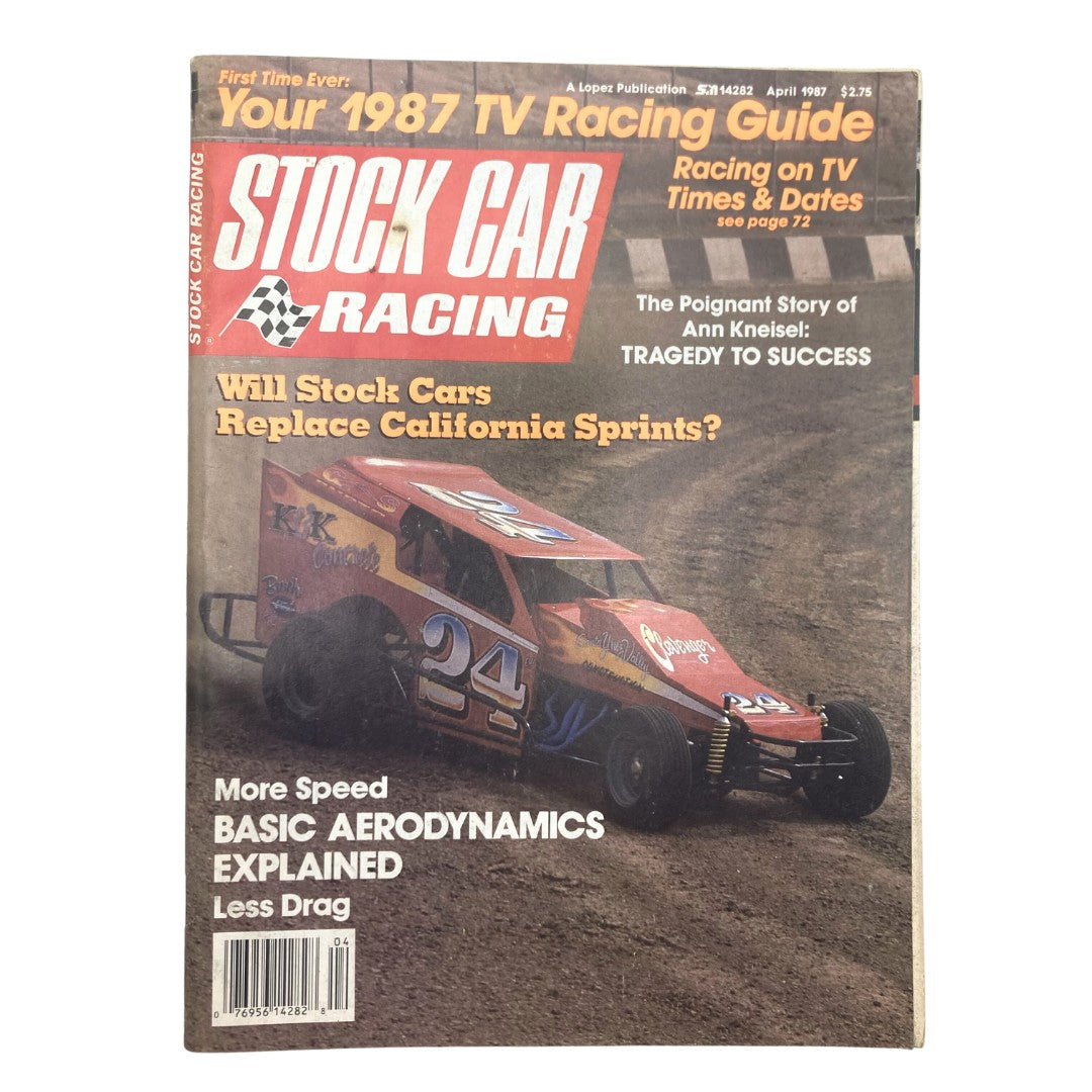 Cover of VTG Stock Car Racing Magazine April 1987, featuring a stock car with the number 24 and a headline asking if stock cars will replace California sprints.