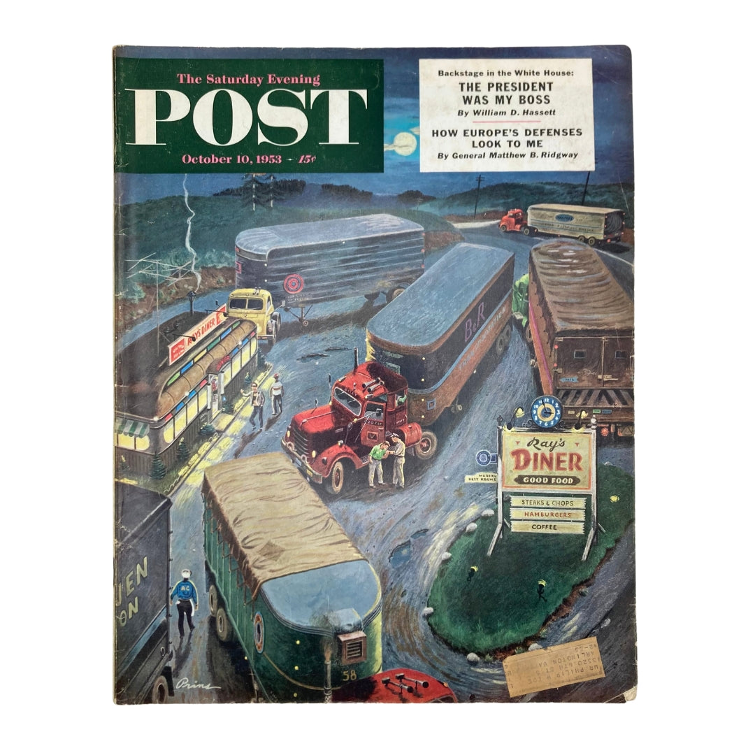 Cover of the Saturday Evening Post Magazine, October 10, 1953, featuring a scenic illustration titled 'Ray's Diner' by Ben Prins, showcasing mid-century American life with trucks and diners.