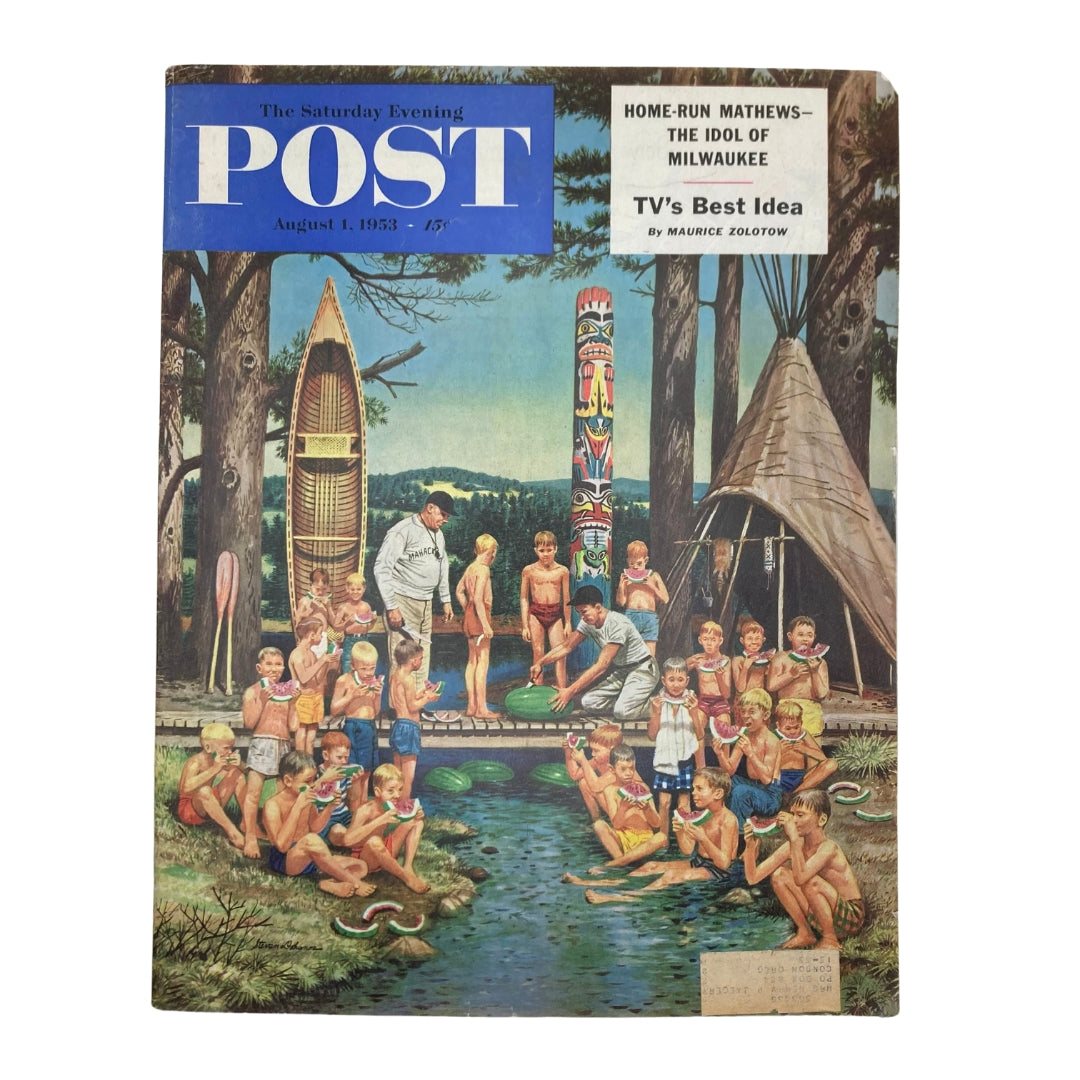 Saturday Evening Post Magazine Cover from August 1, 1953, featuring a vibrant illustration of children at summer camp, capturing a nostalgic moment in mid-20th century American life.