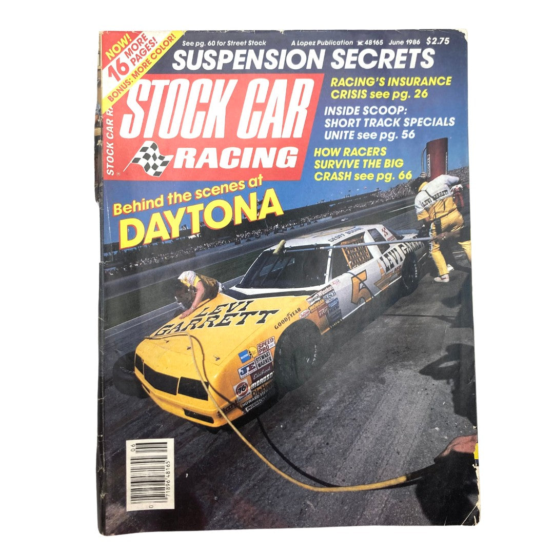 Cover of the VTG Stock Car Racing Magazine from June 1986, featuring a stock car at Daytona and the title 'Suspension Secrets'. Captures the thrilling essence of NASCAR racing.