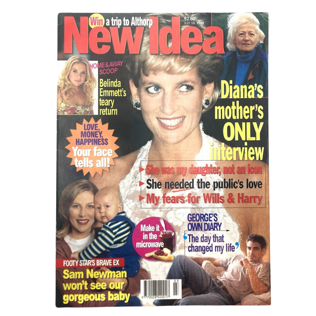 New Idea Magazine from July 18, 1998 featuring Princess Diana on the cover, highlighting her mother's exclusive interview. The cover also includes features on Belinda Emmett and various articles related to pop culture events of the late 1990s.