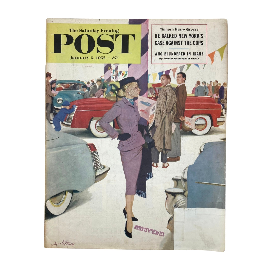 Cover of the Saturday Evening Post Magazine from January 5, 1952 featuring artwork by Coby Whitmore, depicting stylish individuals among classic cars.