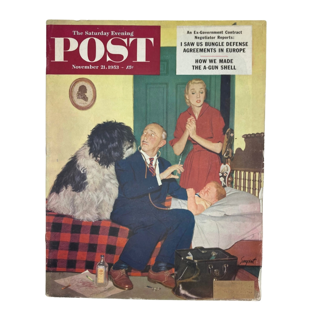 Cover of the Saturday Evening Post Magazine, November 21, 1953, featuring an illustration by Sargent depicting a humorous scene with a doctor, a baby, and a large dog.