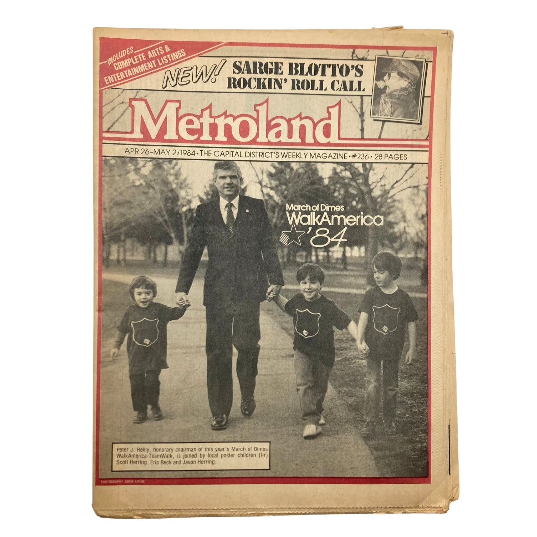 Cover of VTG Metroland Magazine dated April 26, 1984 featuring Peter J. Reilly and local children, promoting the March of Dimes campaign. An iconic collectible from the 1980s.