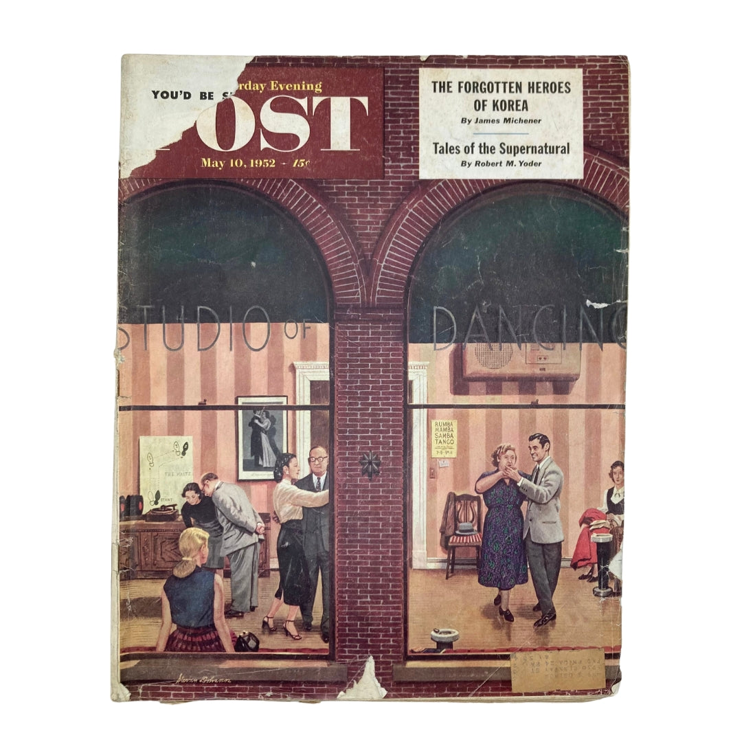 Cover image of the Saturday Evening Post Magazine from May 10, 1952, featuring the artwork titled 'Opposite Types' by Stevan Dohanos, showcasing a lively dance studio scene.