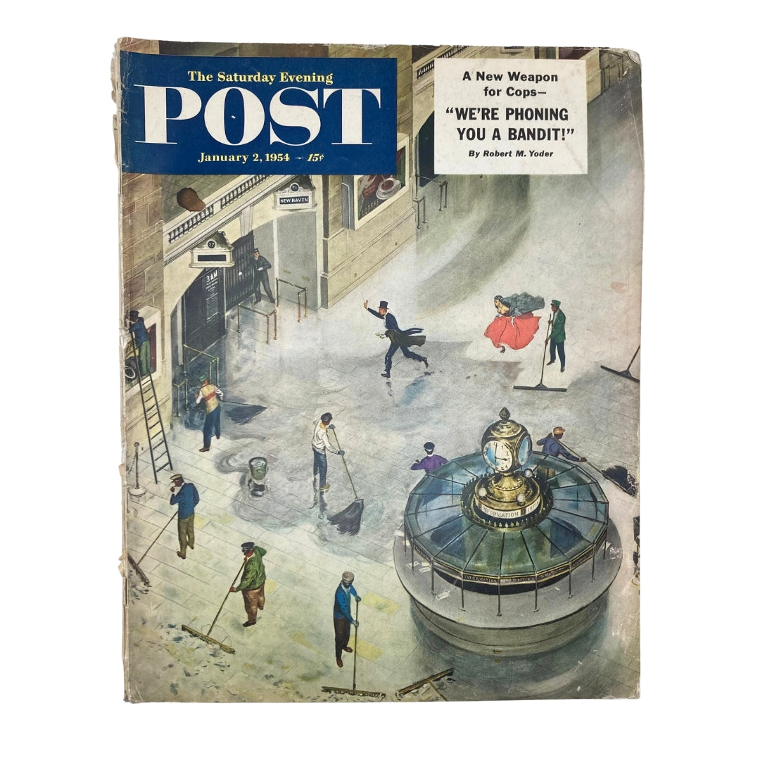 Cover of the Saturday Evening Post Magazine January 2, 1954, featuring an artistic illustration depicting urban life, including figures engaged in various activities, and a central fountain.