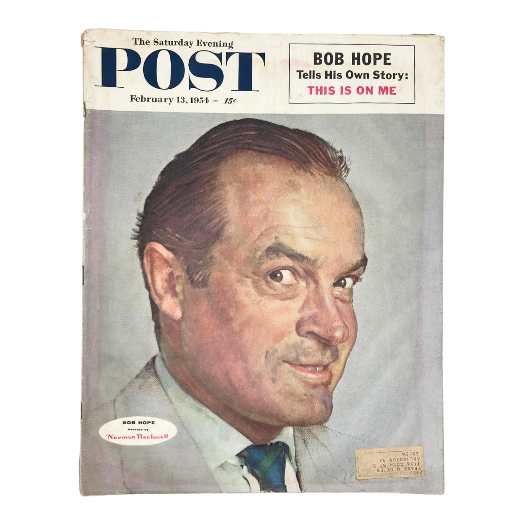 Cover of Saturday Evening Post Magazine from February 13, 1954, featuring Bob Hope illustrated by Norman Rockwell, showcasing a nostalgic Americana theme.