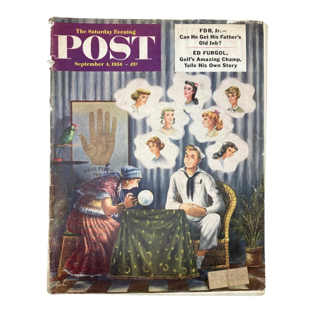 Cover of Saturday Evening Post Magazine from September 4, 1954, featuring the illustration 'Real Fortuneteller' by Alajalov, depicting a fortuneteller, a sailor, and vibrant illustrations of women's faces in thought bubbles.