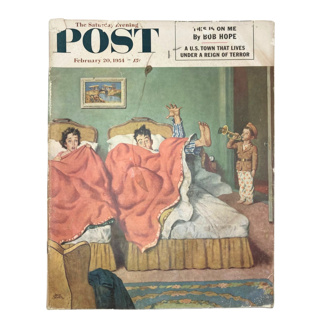 Cover of the Saturday Evening Post Magazine dated February 20, 1954, featuring a humorous illustration titled 'Bugleboy' by artist Sewell, depicting a surprised couple in bed with a child playing a trumpet.