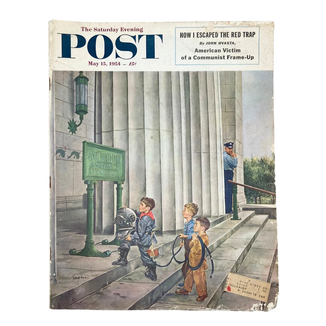 Saturday Evening Post Magazine Cover - May 15, 1954, featuring an illustration of children at an aquarium with a diver, reflecting 1950s American culture.
