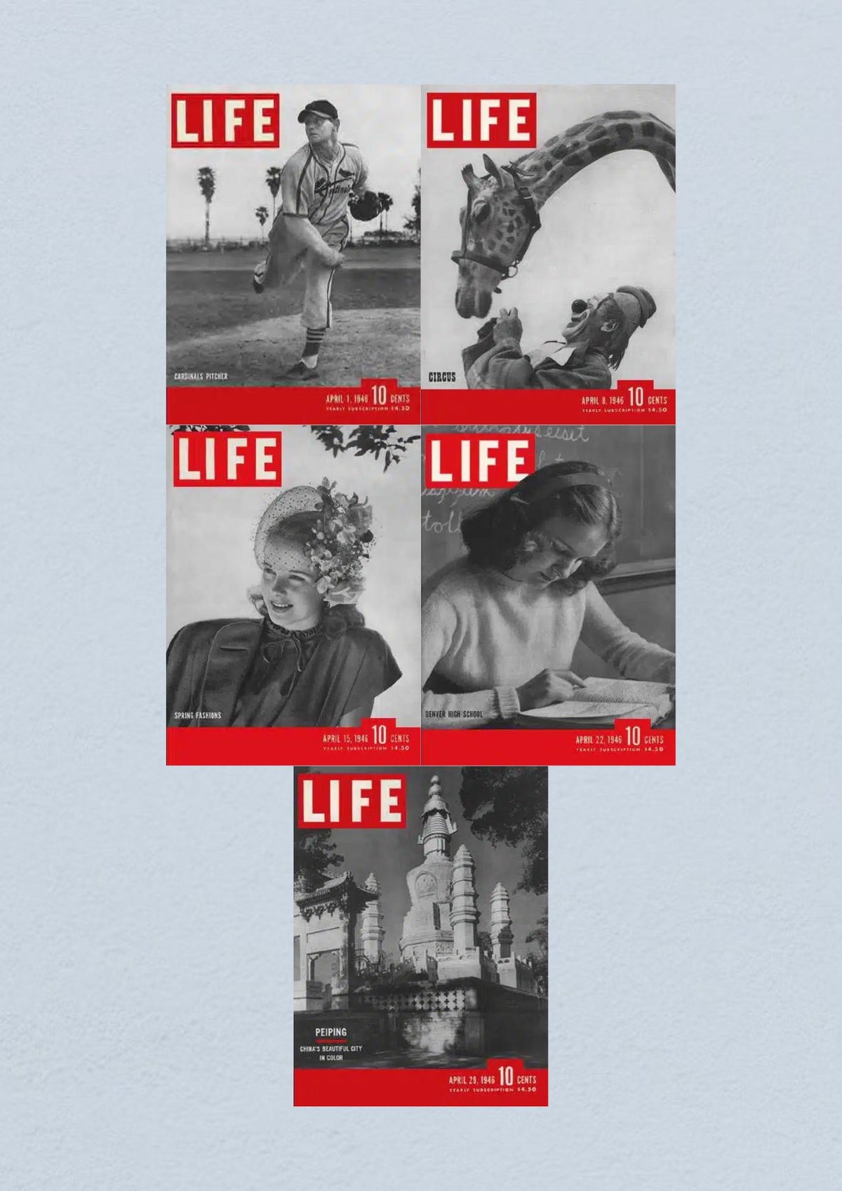 Life Magazine Lot of 5 from April 1946 featuring the cover of April 29th with a focus on Peiping, China's beautiful city.