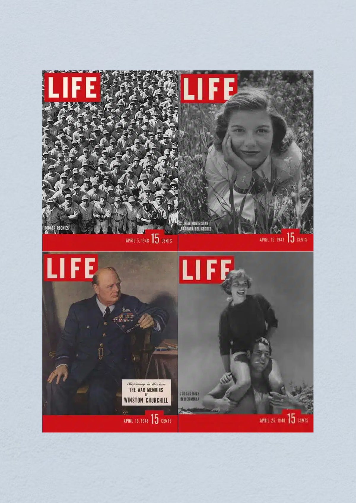 Collection of Life Magazine covers featuring issues from April 1948: April 5 showcasing Dodger rookies, April 12 featuring new movie star Barbara Bel Geddes, April 19 with Winston Churchill, and April 26 depicting a joyful moment in Colorado. Lot of 4 full month of April 1948.