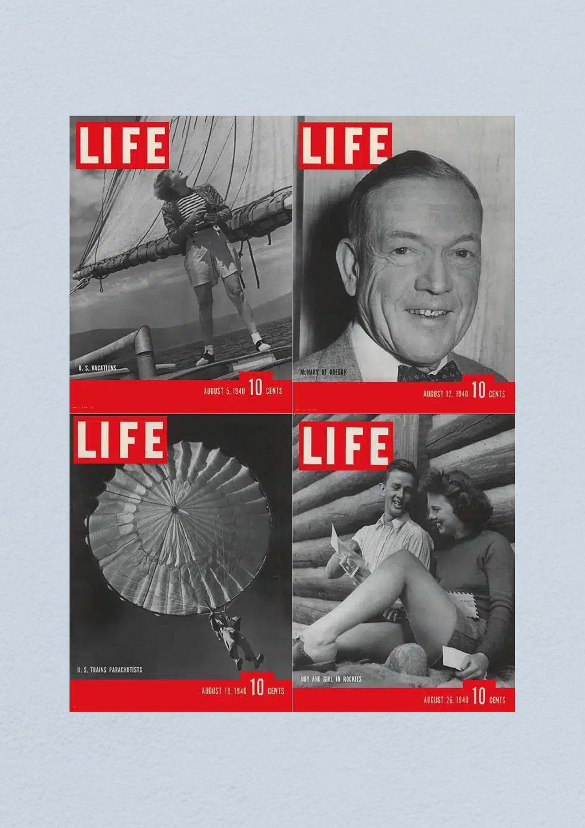 Life Magazine August 26, 1940 cover depicting a boy and girl in the Rockies, part of a lot of 4 full issues from August 1940 connected to WWII.