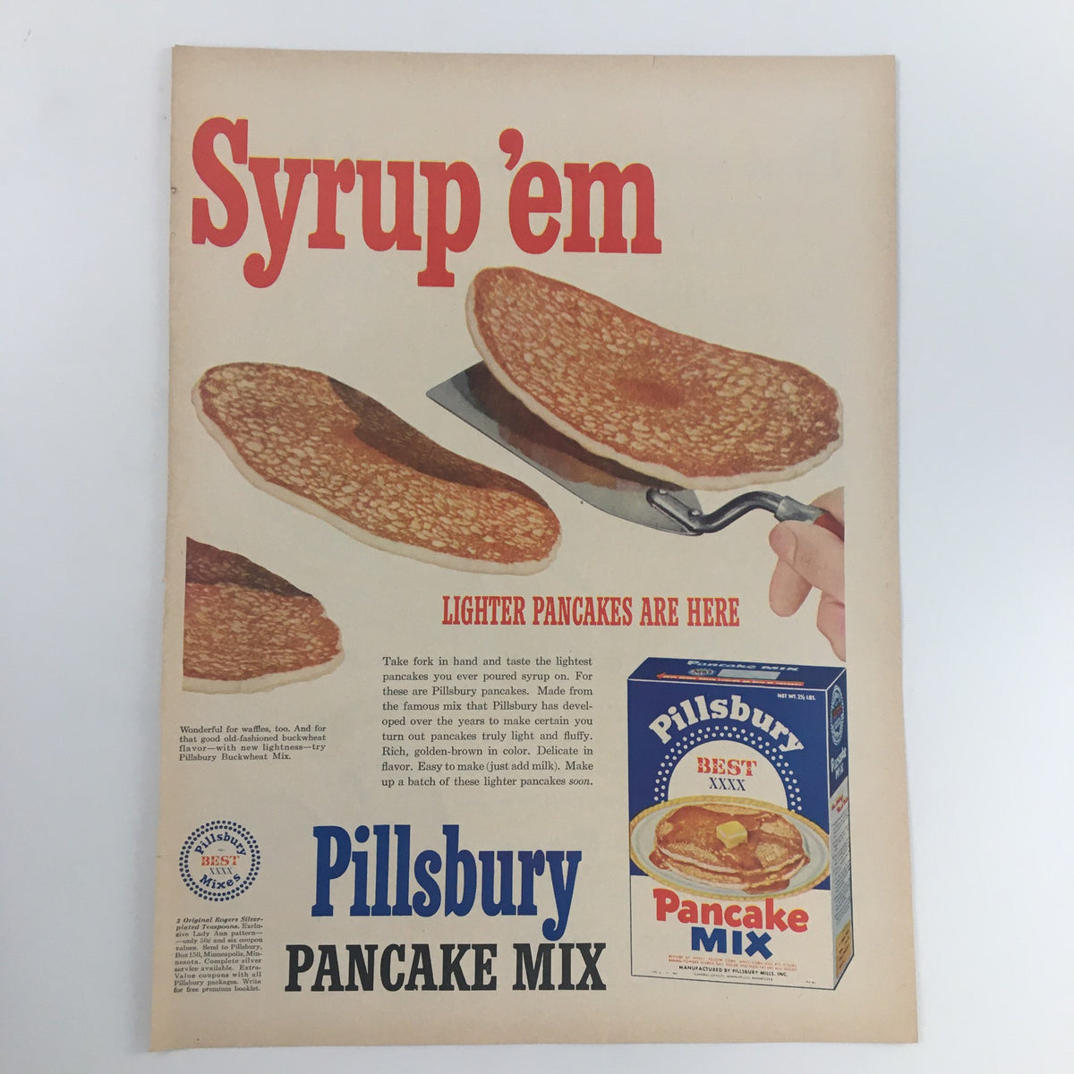 1950 Pillsbury Best Light Pancake Mix Vintage Print Ad featuring a delicious stack of lighter pancakes with the tagline 'Syrup 'em'. This charming advertisement captures the nostalgic essence of mid-century breakfast culture.