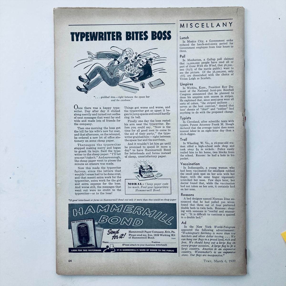 Back page of VTG Time Magazine March 6 1939, showcasing a humorous cartoon titled 'Typewriter Bites Boss' alongside advertisements.