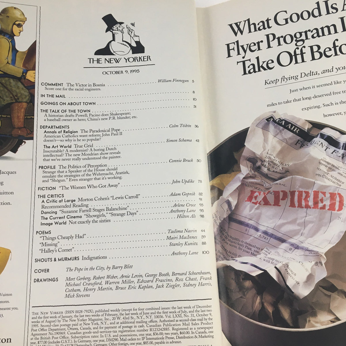 The interior page of The New Yorker October 9 1995, displaying the table of contents alongside an image of an expired frequent flyer program notice.