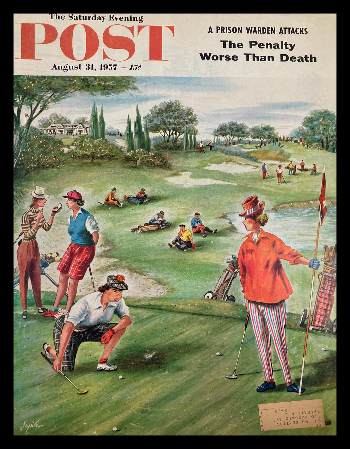 Cover of The Saturday Evening Post, August 31, 1957, titled 'The Penalty Worse Than Death,' featuring a vibrant illustration of golfers on a sunny day, showcasing the leisure activities of the late 1950s.