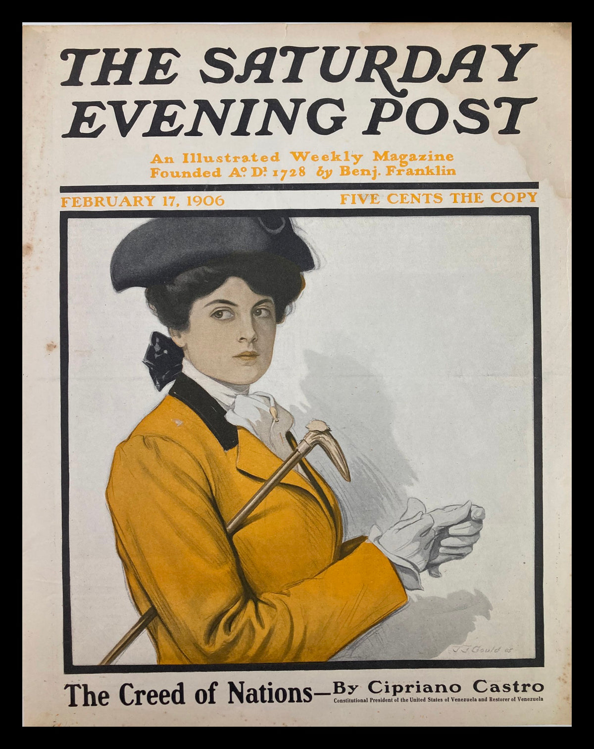 Cover of The Saturday Evening Post February 17 1906 titled 'Creed of Nations' featuring a woman in a yellow coat and hat