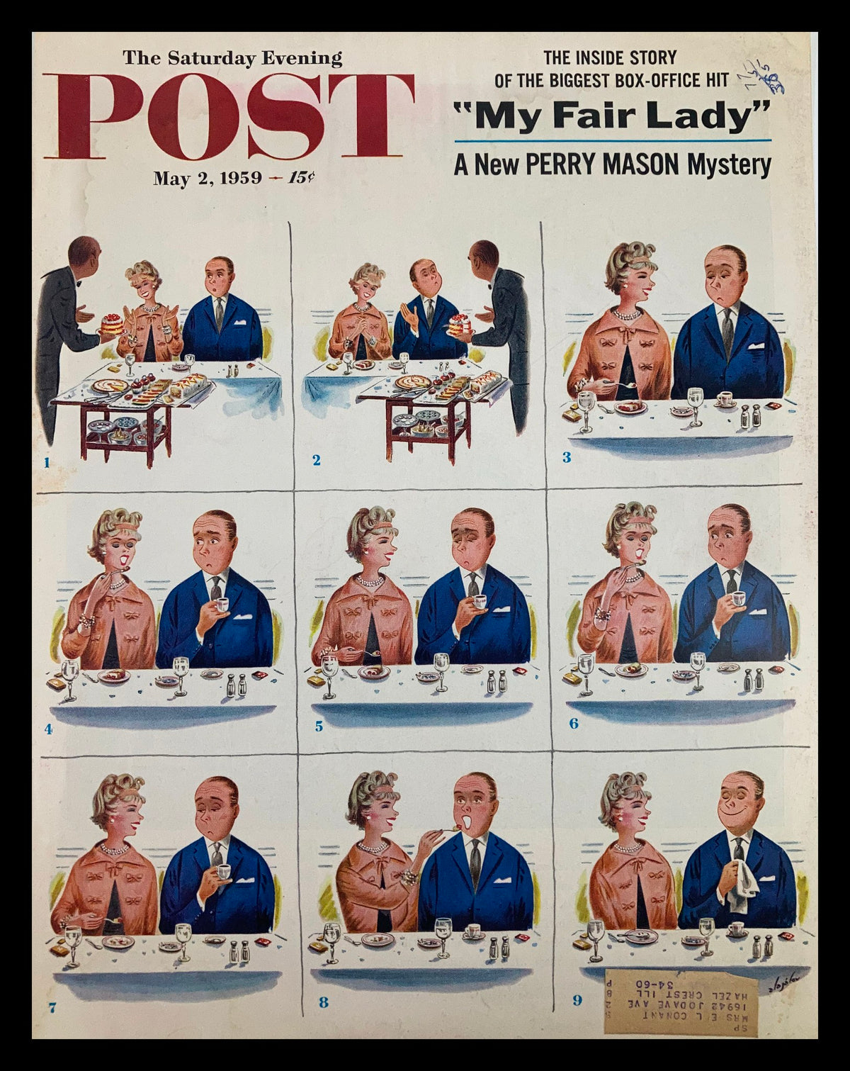 COVER ONLY The Saturday Evening Post May 2 1959 featuring an illustration inspired by My Fair Lady, showcasing a vintage dining scene with characters in elegant attire.