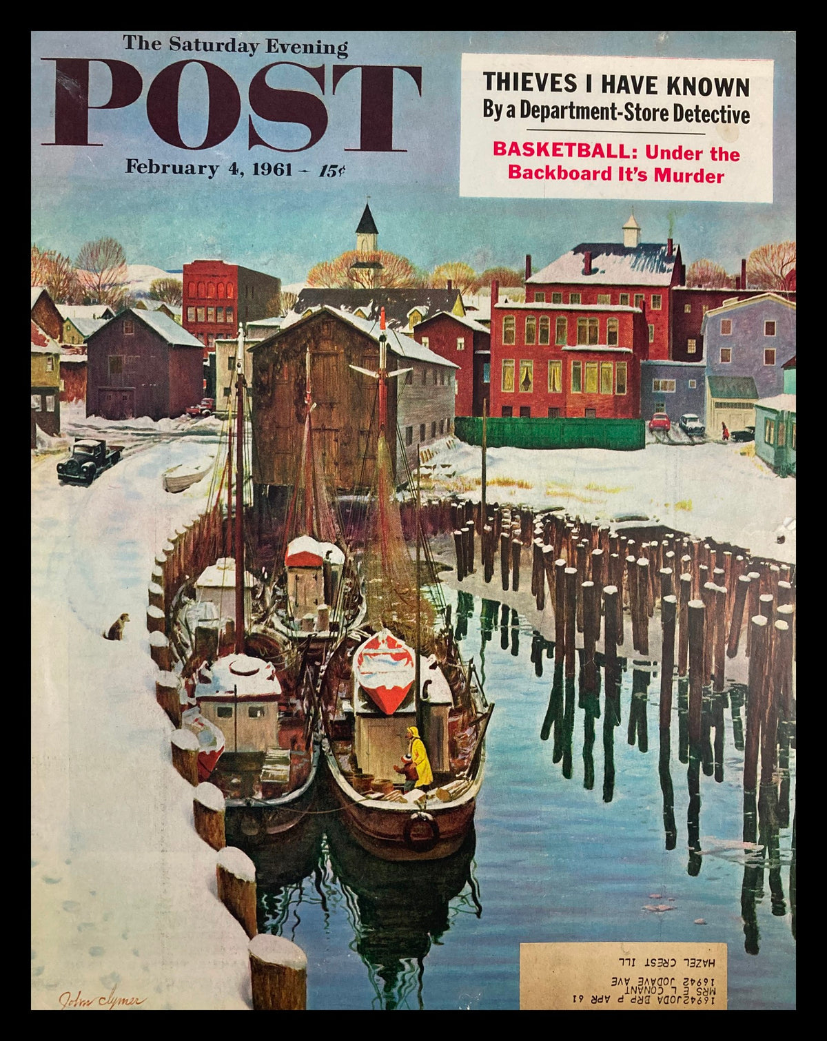 COVER ONLY The Saturday Evening Post February 4 1961 featuring a vintage winter scene with boats, highlighting the theme 'Thieves I Have Known'. Perfect for collectors of classic Americana and vintage publications.