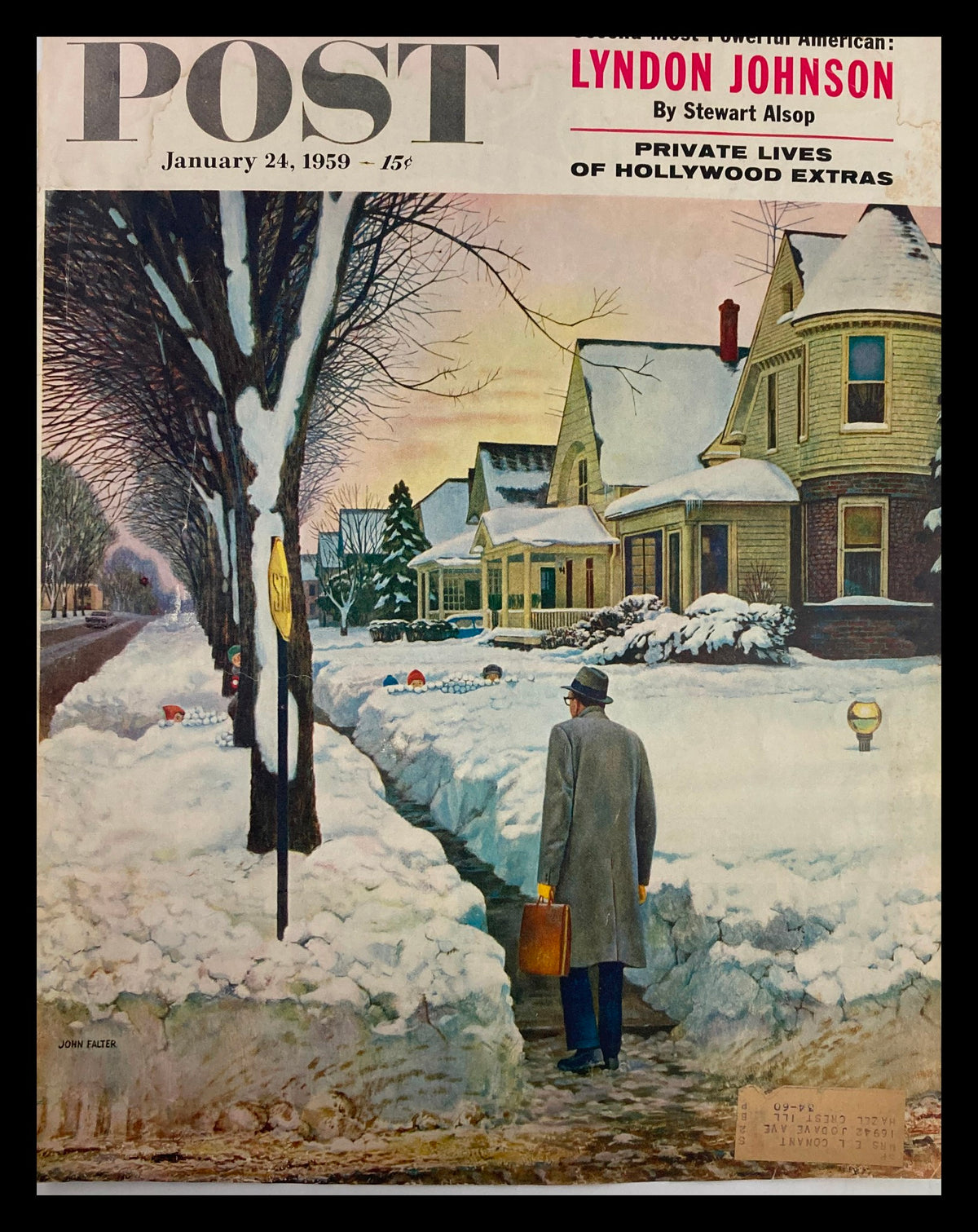 Cover Only of The Saturday Evening Post from January 24, 1959, featuring an illustration by John Falter. The image depicts a man walking through a snowy suburban landscape, showcasing historical Americana and the charm of vintage magazine covers.