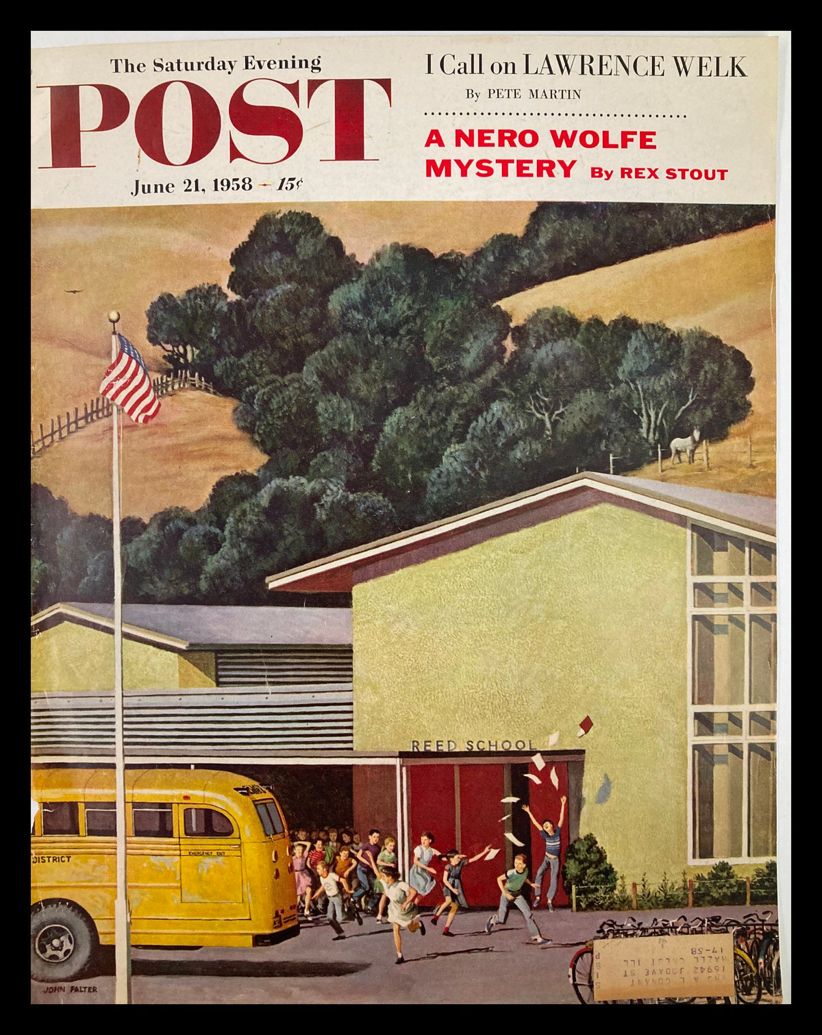 Cover of The Saturday Evening Post dated June 21, 1958, featuring a A Nero Wolfe Mystery by Rex Stout. The illustration shows children running out of REED SCHOOL with a yellow school bus parked nearby, set against a backdrop of lush trees.