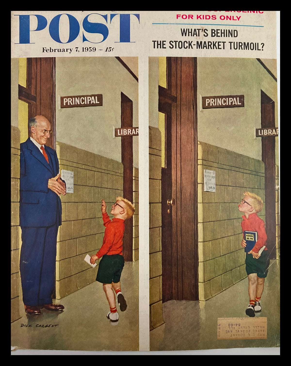 Cover of The Saturday Evening Post dated February 7, 1959, depicting a boy in a red sweater conversing with a smiling adult in a suit, set against a backdrop of a school hallway. The cover addresses the theme of 'The Stock-Market Turmoil'.